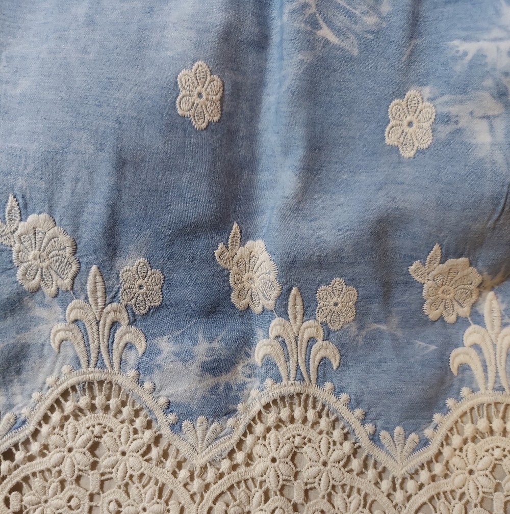 NWOT Union Of Angels Embroidered Blue And Cream Cotton Dress Bell Sleeves XS - Picture 10 of 14